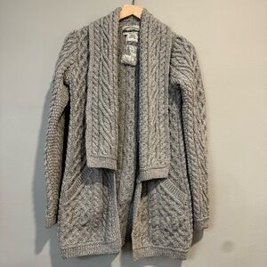 Aran Crafts Classic Gray Merino Wool Cable Knit Cardigan Sweater XS